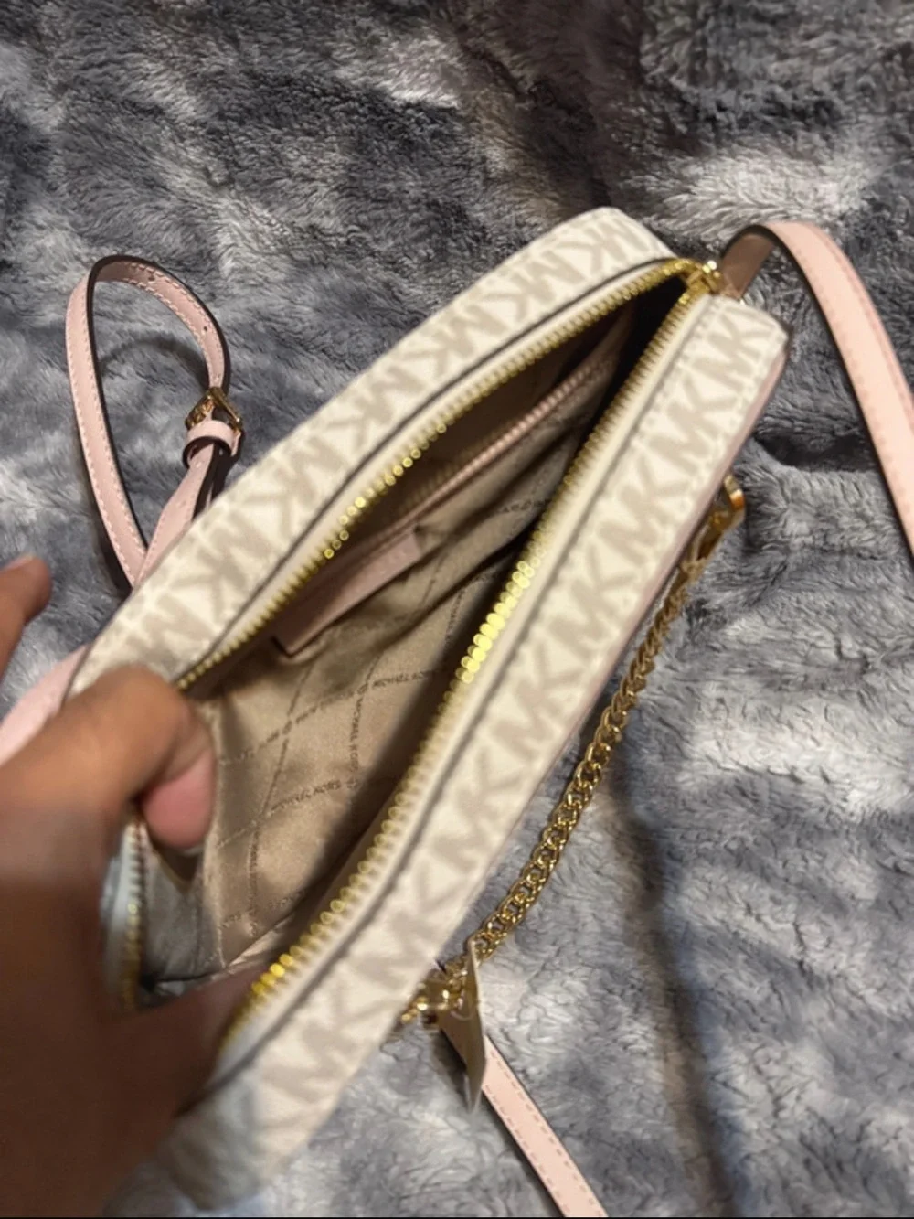 Michael Kors Blush Pink and Vanilla Logo Crossbody with Gold Chain